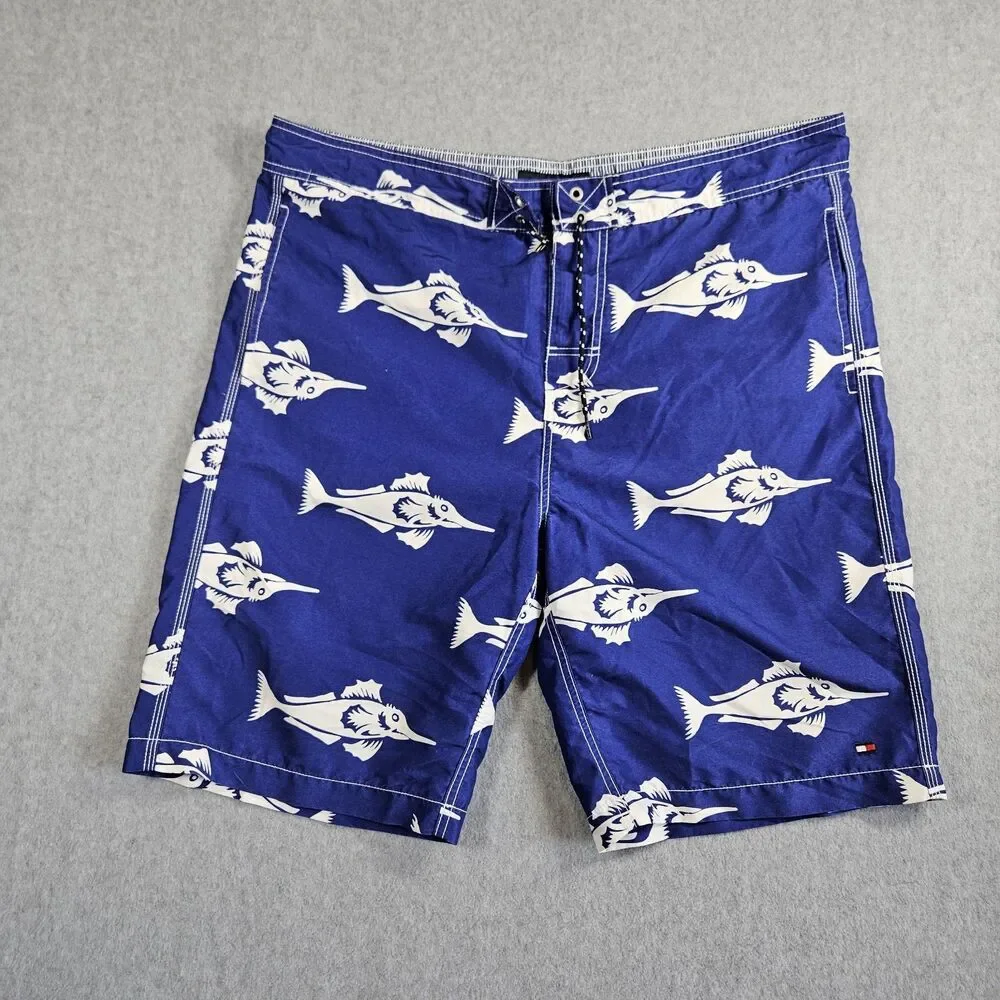 TOMMY HILFIGER Men's Blue Hawaiian Sailfish Marlin Swim Trunks Board Shorts Sz L
